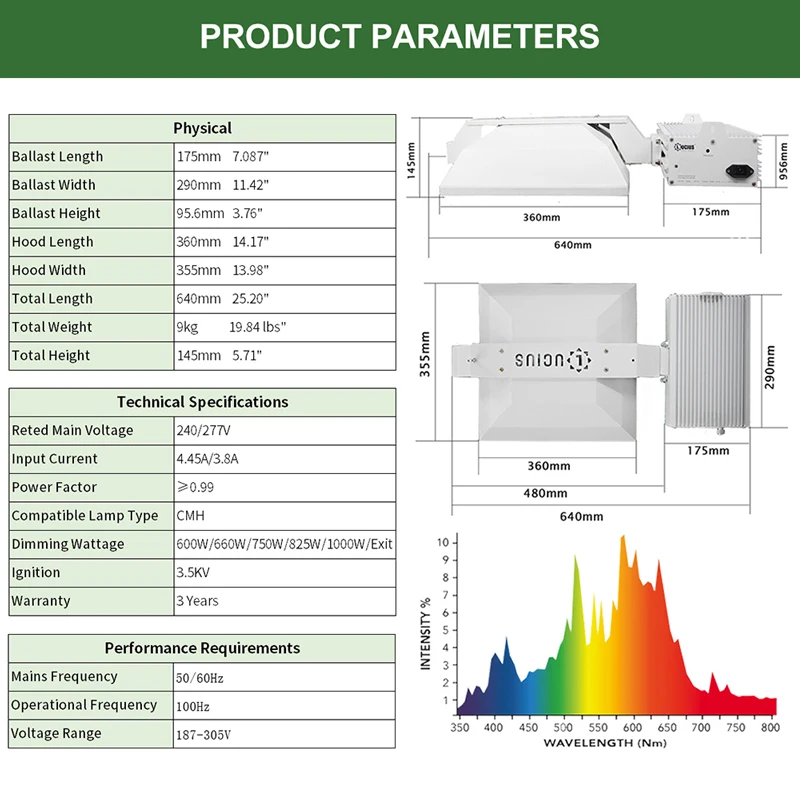 Лампа для выращивания растений Lucius 1000W CMH низкочастотная квадратная волна полный спектр Все в одном комплекте, включая 2 шт. 500W 4200K CDM.