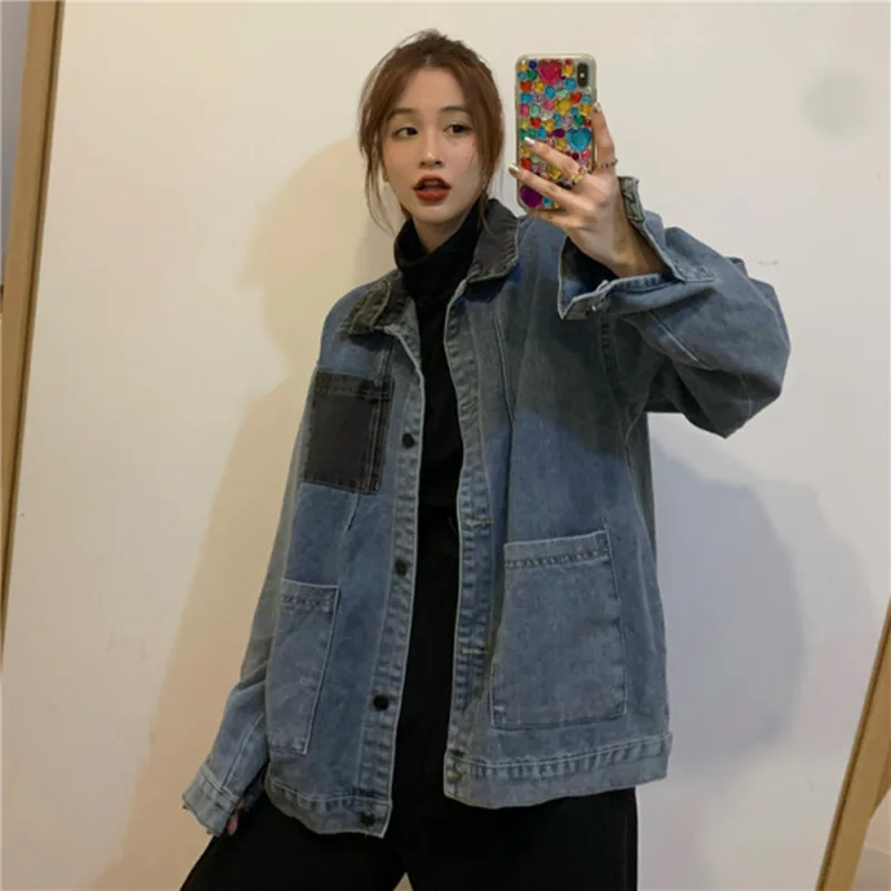 

Oversized 4XL 5XL Woman Retro Japanese Denim Jacket Fashion Harajuku Colorblock Loose Jacket Long Sleeve Denim Jacket