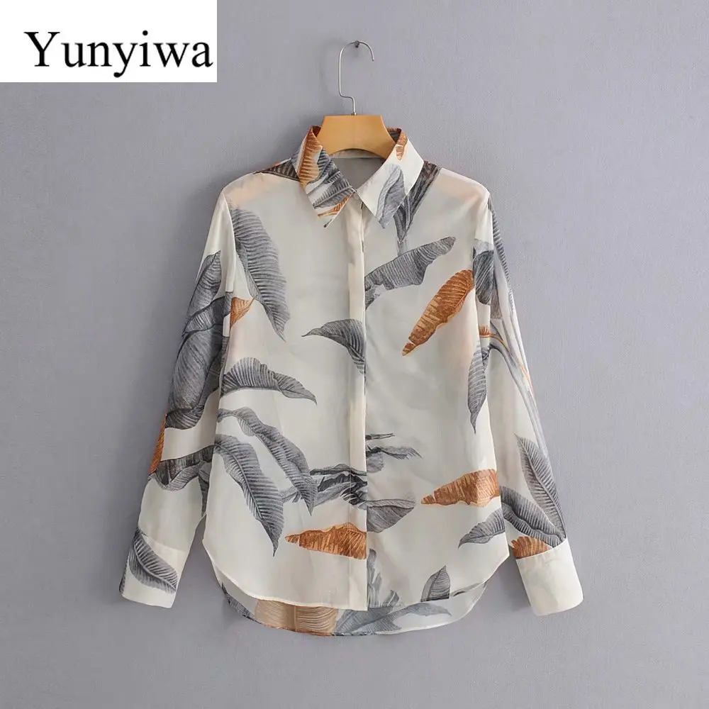 Женская винтажная блузка с принтом листьев Повседневная облегающая деловая