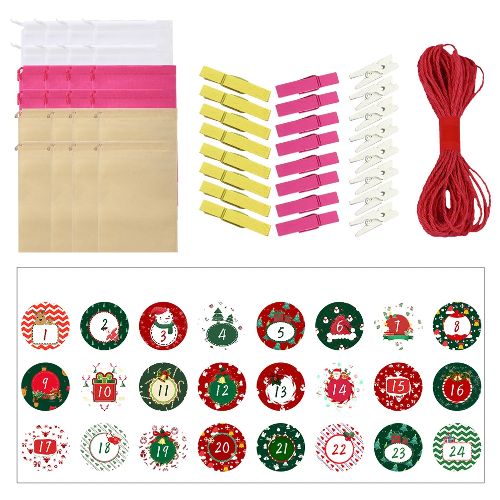 

Christmas Advent Calendar Bag Set 24 Advent Bags with Drawstring with Stickers Christmas Tags and Hemp Rope DIY Gift Bags