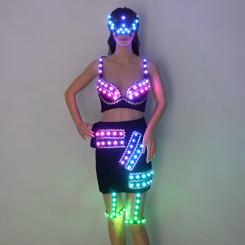 Full Color LED Costume Sexy Woman Luminous Dress Pole Dance Glowing Clothes Masked Stripper Outfits DJ DS Light Up Bra Suits