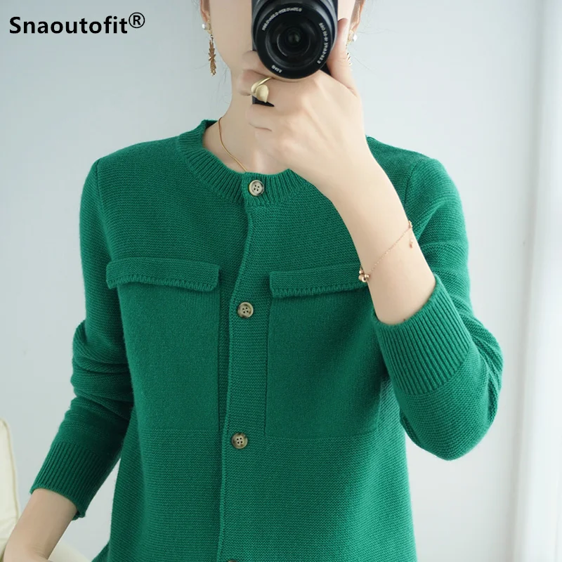 

Осенне-зимний новый стиль, женский шерстяной вязаный кардиган, с круглым вырезом, свободный, кашемировый свитер на пуговицах, плотный теплый, однотонный