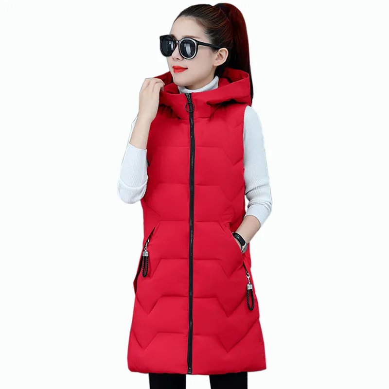 

Winter Plus Size 3XL Womens Cotton Vest black Long Hooded Vest Casual Waistcoat Autumn Sleeveless Coat Slim Parkas