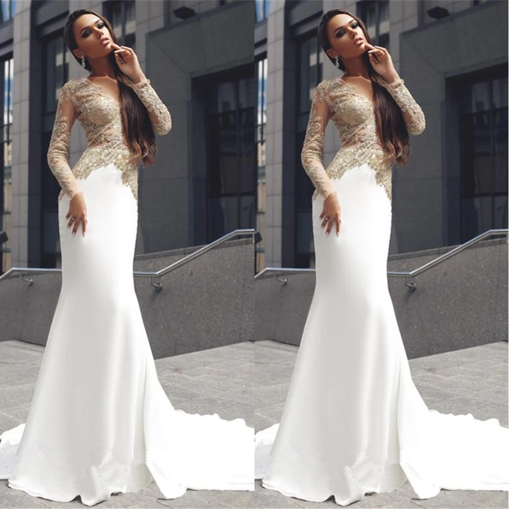 

Женское бальное платье-Русалка с длинным рукавом, эластичное атласное официальное платье, вечернее платье для выпускного вечера, платье с аппликацией