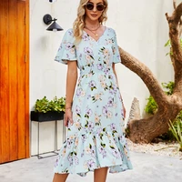 luoyiyang casual v neck floral dresses for women fashion party elegant lacing stitching dress womens clothing spring and summer