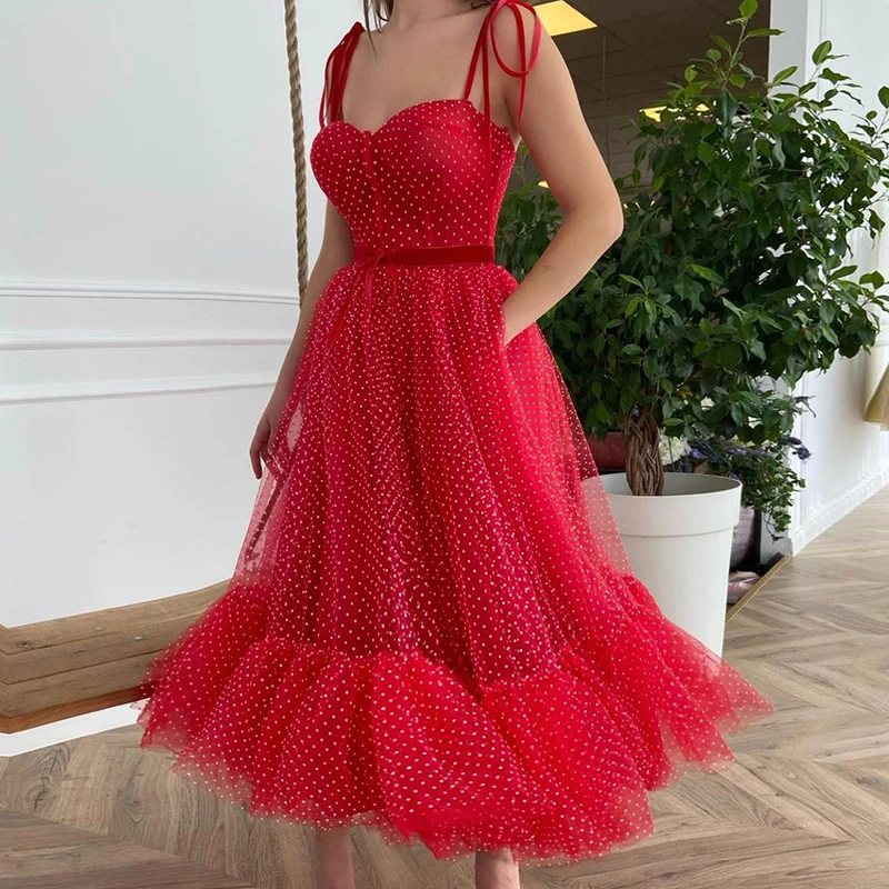 

Fashion Red Dots Tulle Prom Dresses 2021 Spaghetti Strap Elegant A Line Long Plus Size Evening Dress Formal Party Gowns