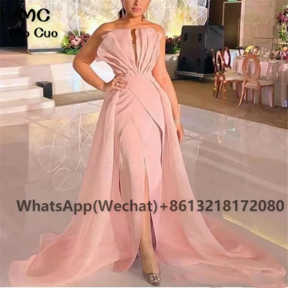 

2021 Blush Pink Evening Dresses Long Pleat Ruffles Detachable Train Elastic Satin Evening Party Prom Dress for Women's