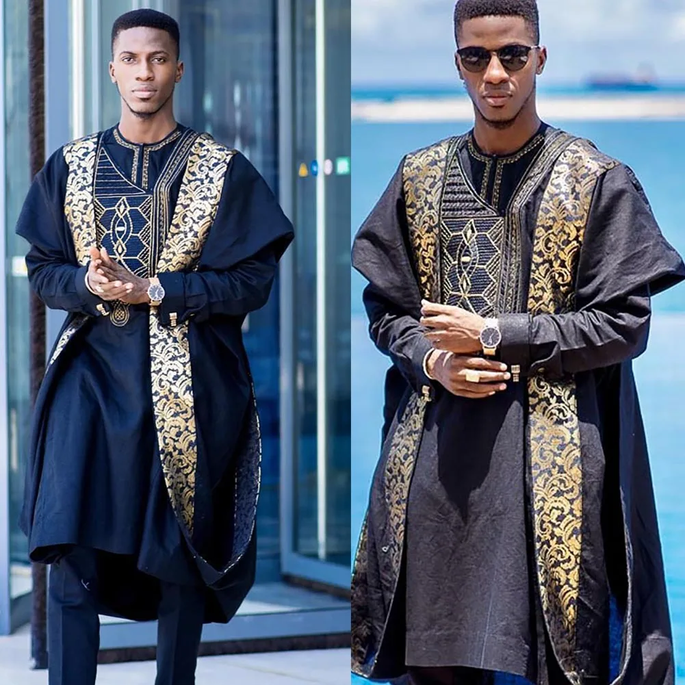 Fadzeco Agbada Мужская африканская 3 шт размера плюс Дашики вышивка бубоус топы короткие и брюки Мужская одежда халат Базен костюмы