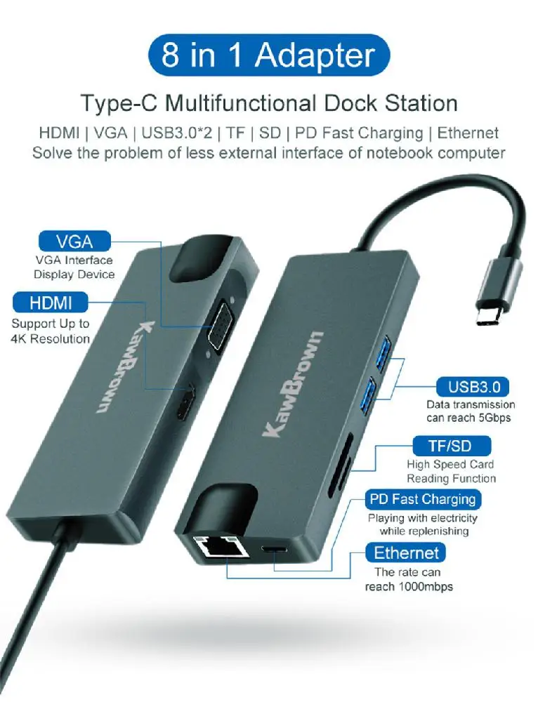 8 в 1 type C концентратор USB к HDMI VGA 3 0 порты SD/TF ридер RJ45 1000M доставка питания для MacBook Pro