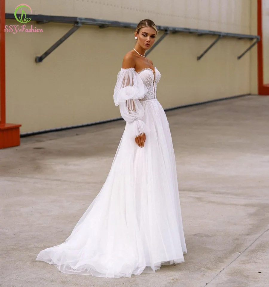 

SSYFashion New Sexy White Wedding Dress for Women Bride Sweetheart Lantern Sleeve A-line Beach Wedding Gown Vestido De Novia
