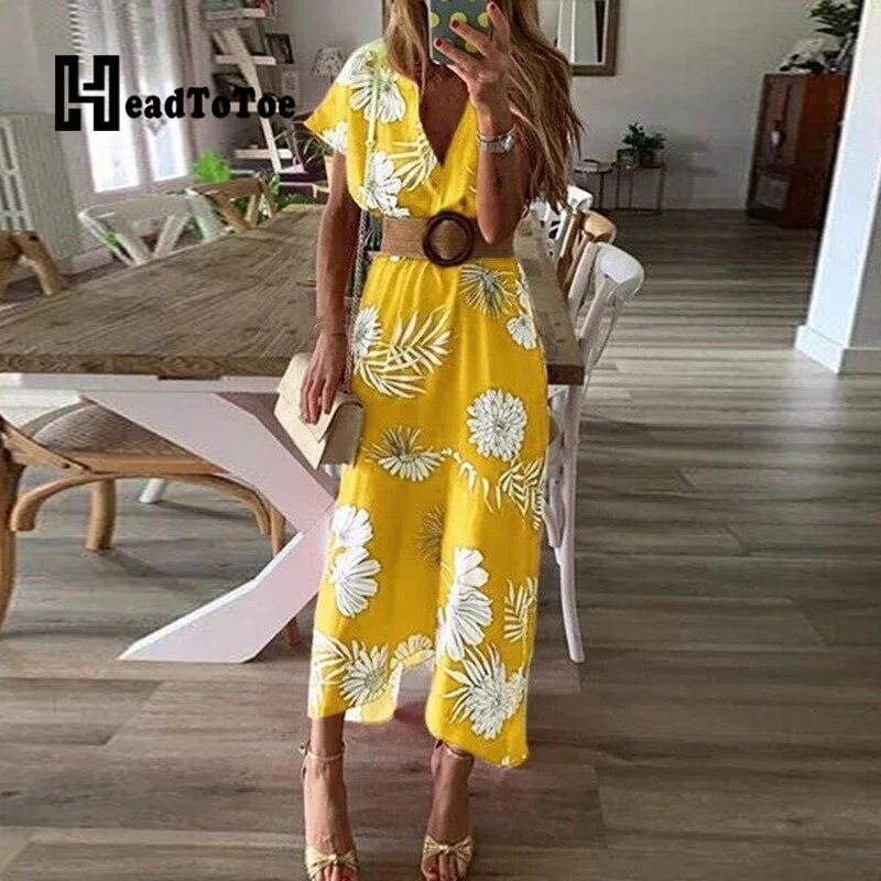 

Floral Print V Neck Short Sleeve Casual Maxi Summer Dress Women
