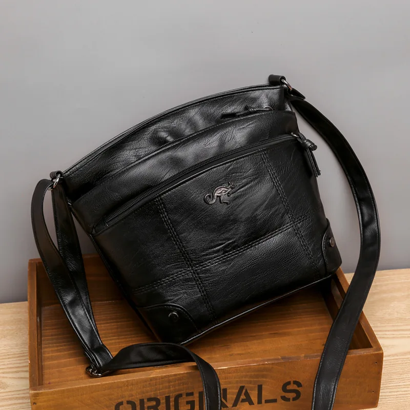 

European and American trend of soft leather bag women's messenger shoulder bag simple retro multi-pocket large capacity