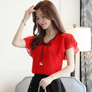 Женские весенне-летние стильные шифоновые женские блузки рубашки, повседневные шифоновые Блузы с коротким Расклешенным рукавом и круглым вырезом, DF3128
