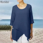 ZANZEA элегантная рубашка 2021 женская блузка с рукавом 34 женская блузка на пуговицах с круглым вырезом Повседневная Асимметричная туника