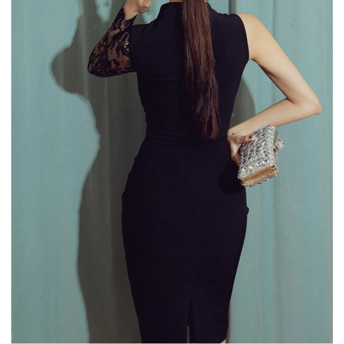 

High Waist Tight Office Dress Plain Sexy Mesh Stitching Lace Single Long Sleeve One Shoulder Elegant Cocktail Party Dress Women