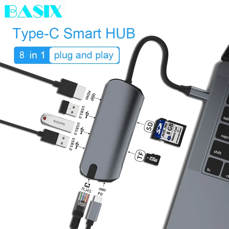 Basix USB C концентратор Многофункциональный usb хаб Type сплиттер USB3.0 HDMI compatibeRJ45 PD для