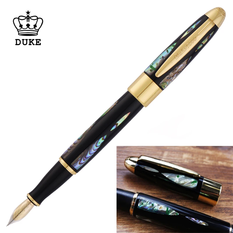 Duke 14K Gold Fountain Pen Beautiful Bright Pearl In The Dark Green Sea Fine Nib 0.5mm Gift Pen & Wooden Gift Box for Collection