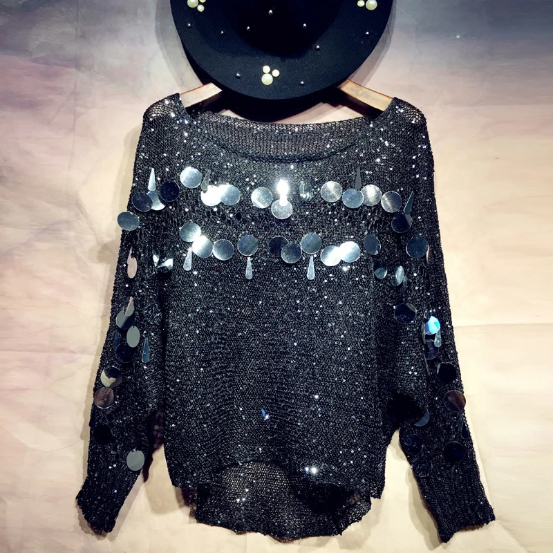 Женский крючок свитер с вырезами и блестками тонкий свободный пуловер дырками