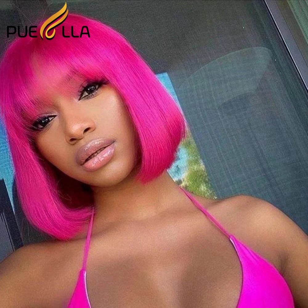 

Hot Pink Short Bob Wig With Bangs Blue Colored Human Hair Wigs Non Lace Front Wigs For Women Human Hair 613 Straight Bob Wig 180