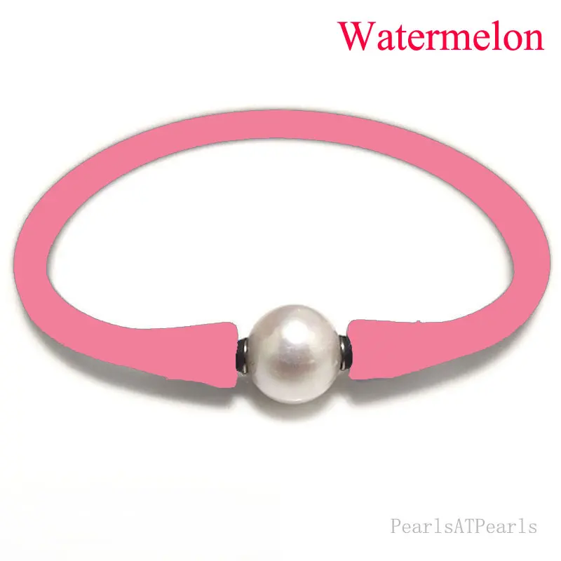 

7 inches 10-11mm One AA Natural Round Pearl Watermelon Elastic Rubber Silicone Bracelet For Women