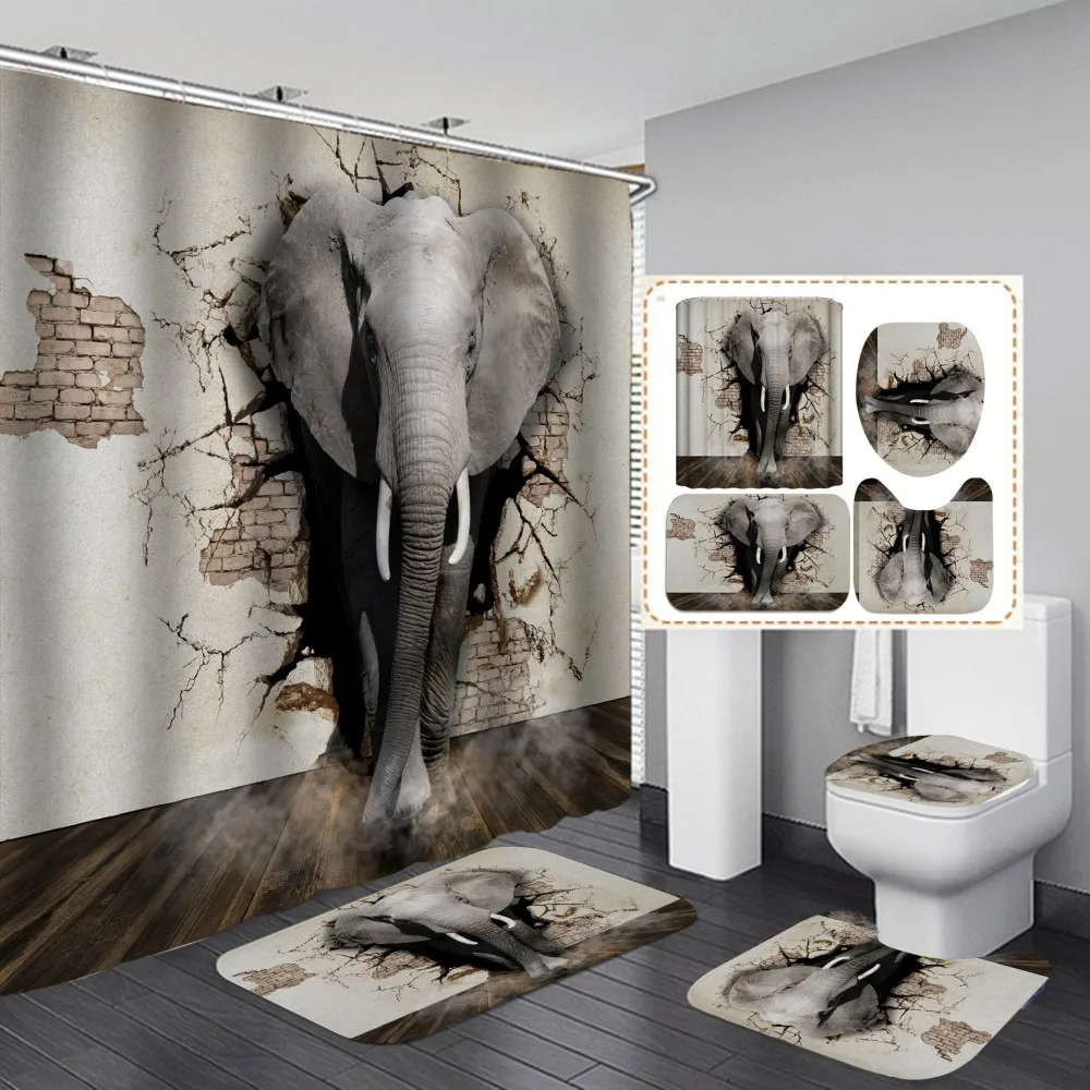 

Elephant Animal Print Shower Curtain 4pcs Set Waterproof Bathroom Curtains Anti-slip Bath Rugs Toilet Lid Cover Floor Carpets