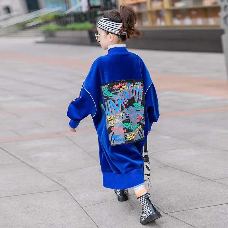 Длинный бархатный кардиган с вышивкой для девочек модный длинный широкий свитер