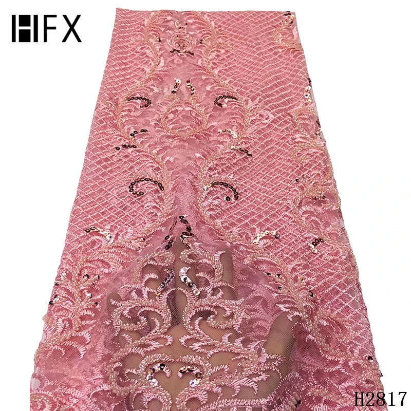 HFX 3d кружевная ткань розовый серый африканская французская кружевная ткань высокого качества Высококачественная ручная работа с бисером Свадебная, нигерийская, кружевная ткань F2126