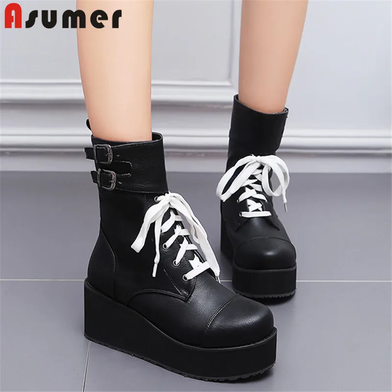 Женские ботильоны на платформе ASUMER с круглым носком шнуровке пряжкой для