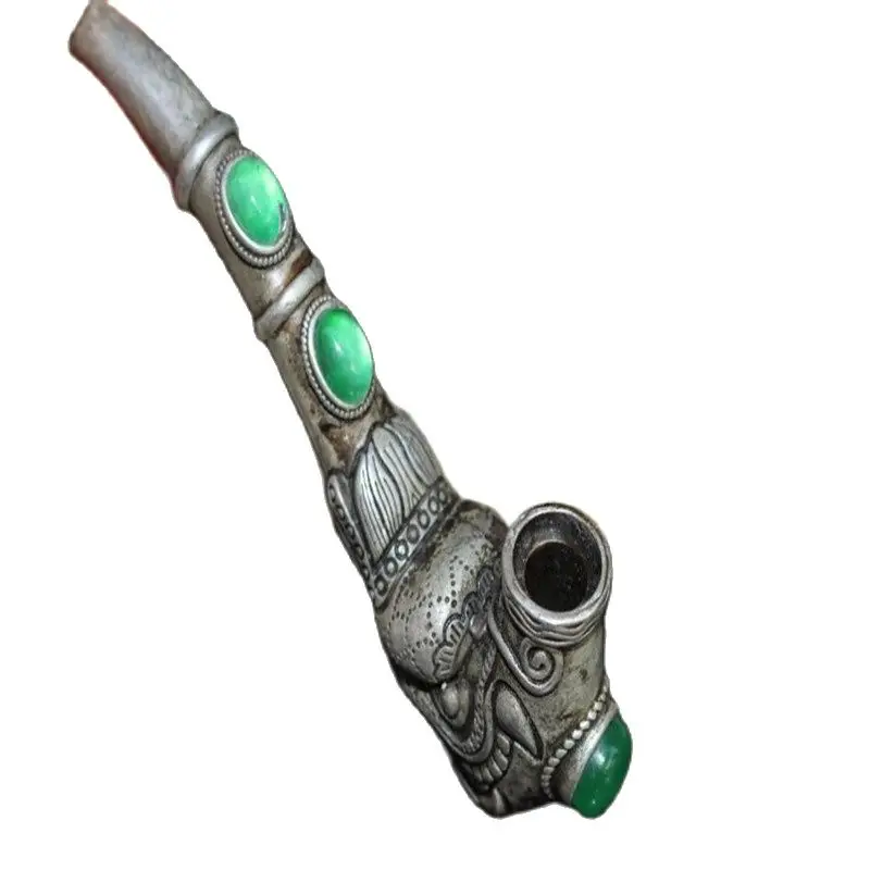 

China Folk Old Tibetan Silver-Embedded Ice Green Jade Tibetan Silver Pipe