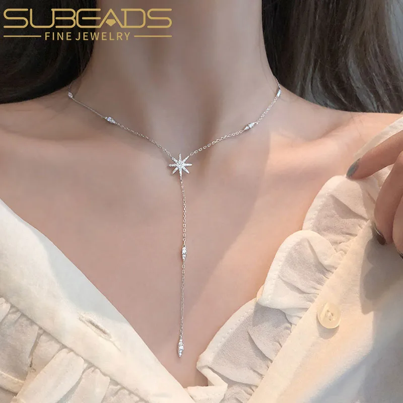 

Subeads Shining Star Light Pendants Necklace 925 Silver Necklace for Women Bride Fashion Simplicity Wedding Party Fine Jewelry