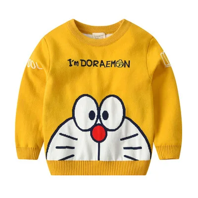 Doraemon yellow Свитера для маленьких мальчиков от 2 до 8 лет трикотажная одежда пуловеры с круглым вырезом хлопковые свитера с рисунком динозавра для девочек Детский свитер - Цвет: Doraemon yellow
