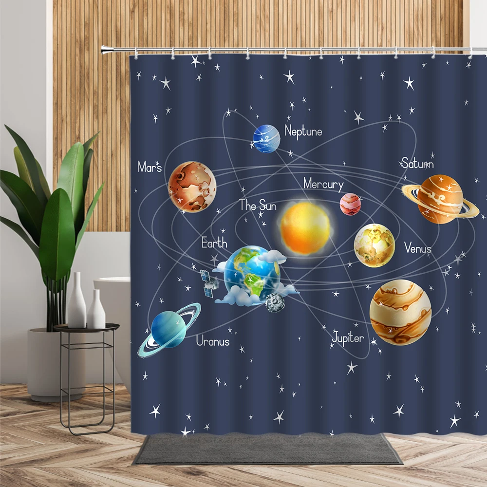 3D Universe Galaxy Bath Shower Curtains Moon Planet Kids Bedroom Hanging Curtain With Hook Home Bathroom Decor Waterproof Fabric