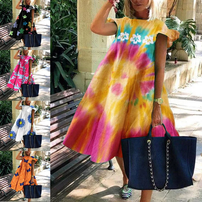 

Женское короткое платье с рукавом-лепестком, круглым вырезом и цветочным принтом