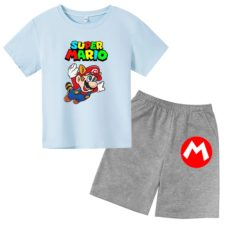 

2021 Summer 4-14Y Boys' Fashion Casual SuperMario Printed T-Shirt+Shorts Suits