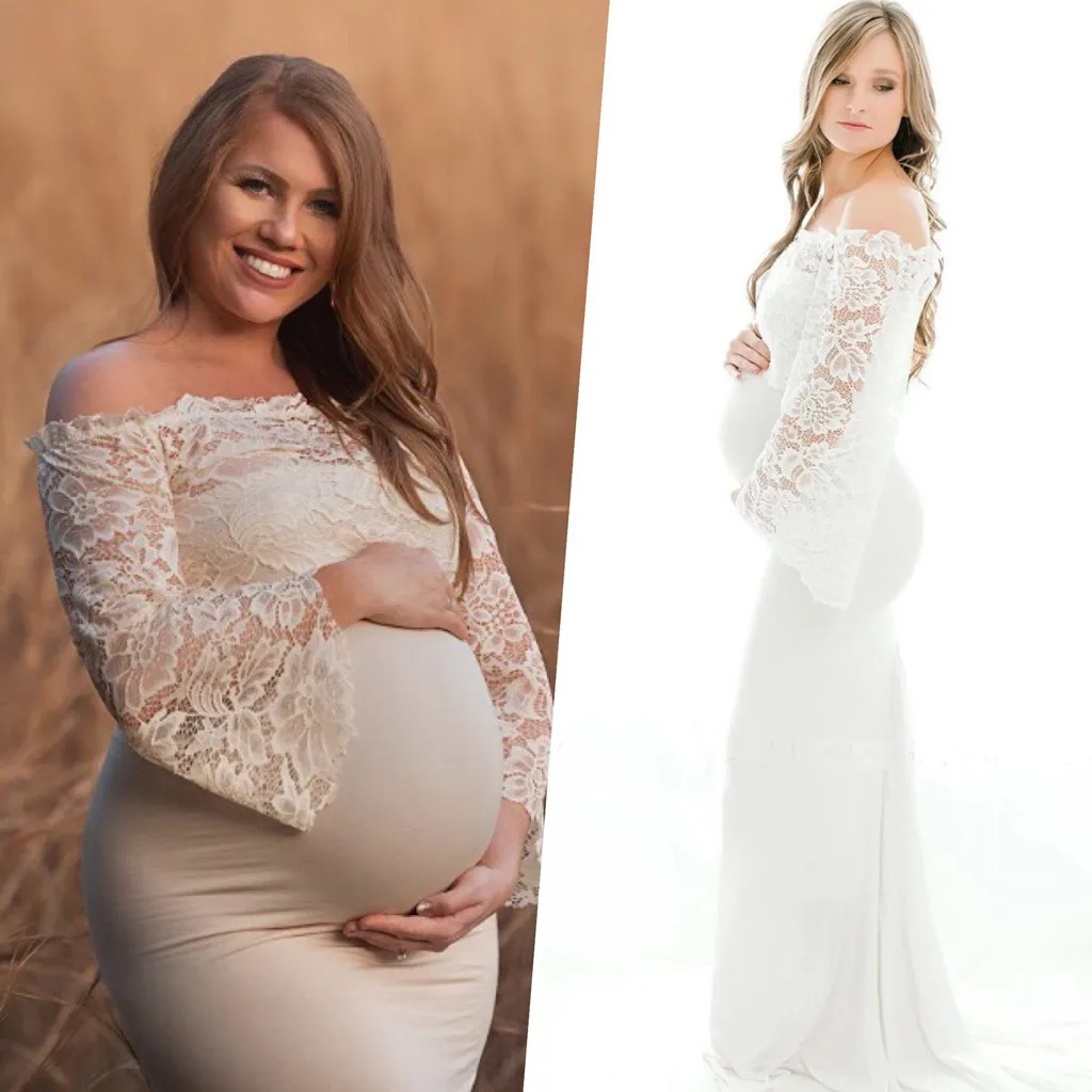 

Summer Fashion Maternity Long Dresses Women Pregnants Photography Props Off-shoulder Long Sleeve Solid Dress For Photo Shoot