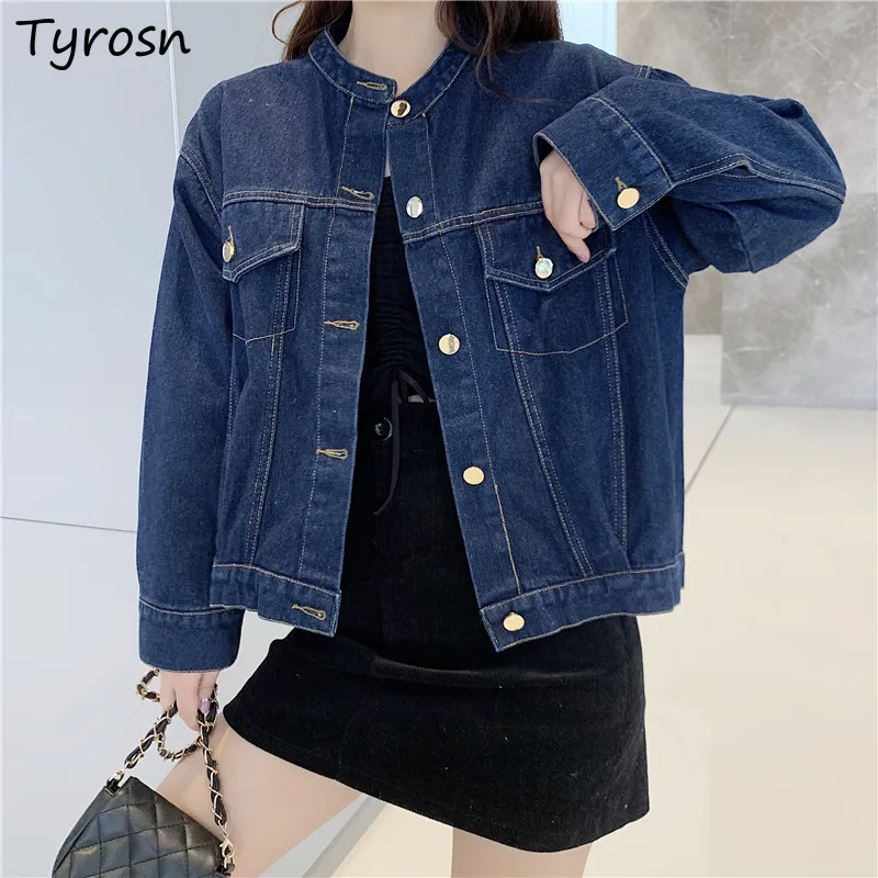 

Denim Basic Jackets Women Retro Blue Loose All-match Design Cropped Jacket High Street Korean Style O-neck Single Breasted Coats