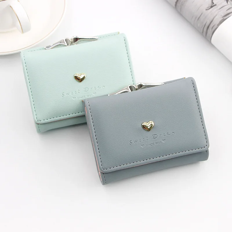 

Candy Color Fashion Women Coin Purse Leather Solid Color Vintage Short Wallet Heart Hasp Ladies Girls Card Holder Clutch Bag