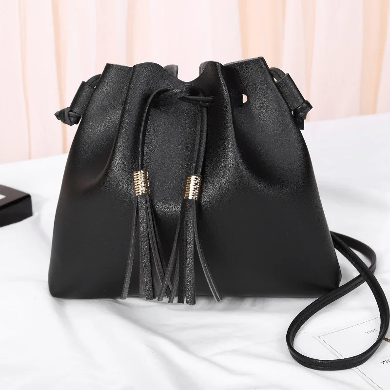 

Fashion String Bucket Bag For Women PU Leather Small Handbag Female Tassel Purse Shoulder Crossbody Bags sac main femme XA516H
