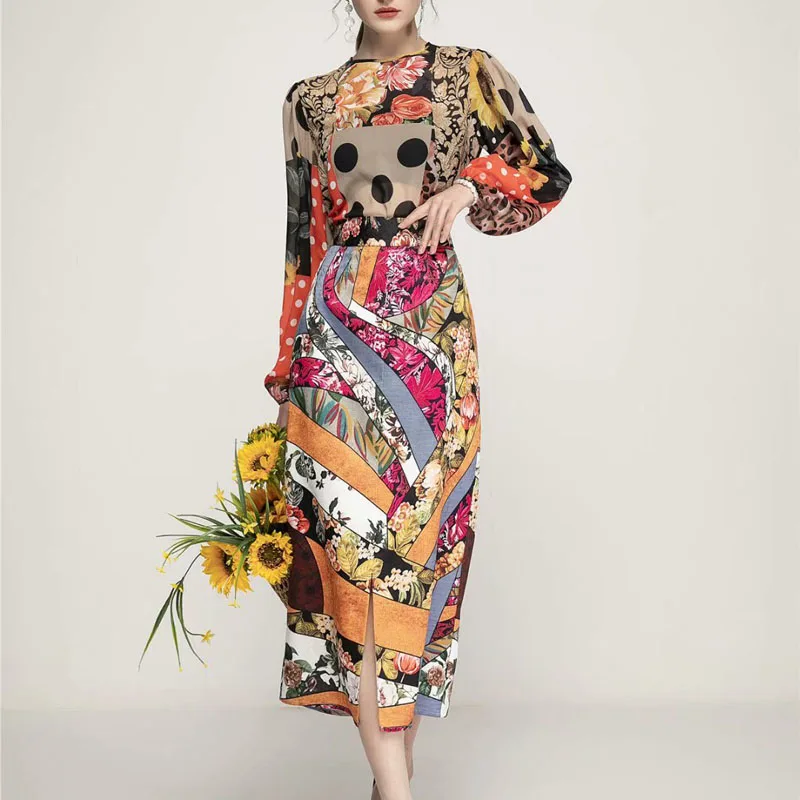 

Spring Runway New Style Retro Bohemian Print Flower Polka Dot Long-Sleeved Top Slim-Fit Skirt Suit High-Quality Women'S Clothing