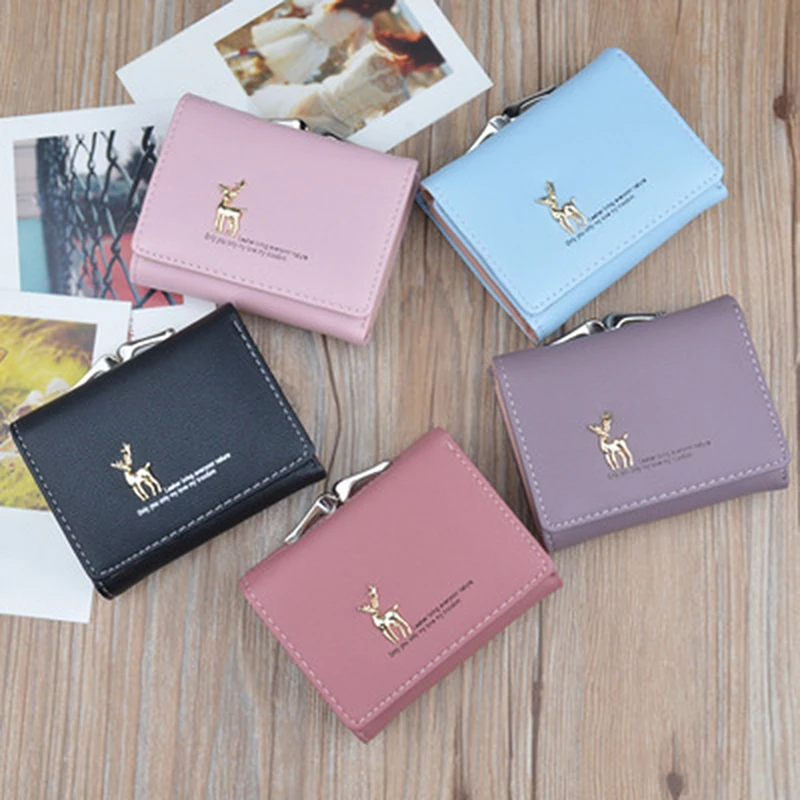 

Cute Deer Women Mini Wallet Short Leather Wallet Girl Folding Wallets Clutch Pu Card Holder Ladies Retro Mini Coin Purses