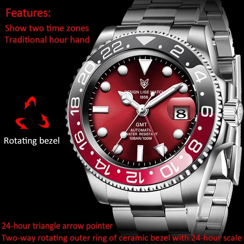 

LIGE DESIGN Men GMT Automatic Mechanical Watch Ceramic Bezel 316L Stainless Steel 100ATM Waterproof Clock Sapphire Glass Watches
