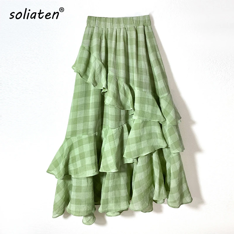 

Summer Green Plaid Cake Layered Chiffon Skirts Princess High Waist Ruffled Vintage Tiered Tulle Pleated ins Skirts B-118