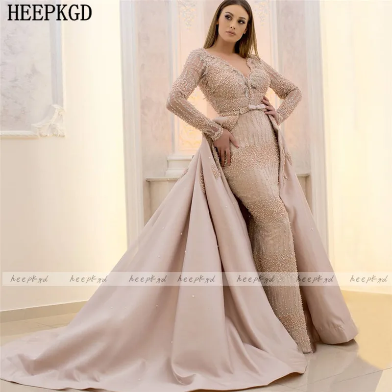 

Luxury Pearls Mermaid Saudi Arabic Evening Dress Long Sleeves Detachable Train Women Special Occasion Dresses Customize