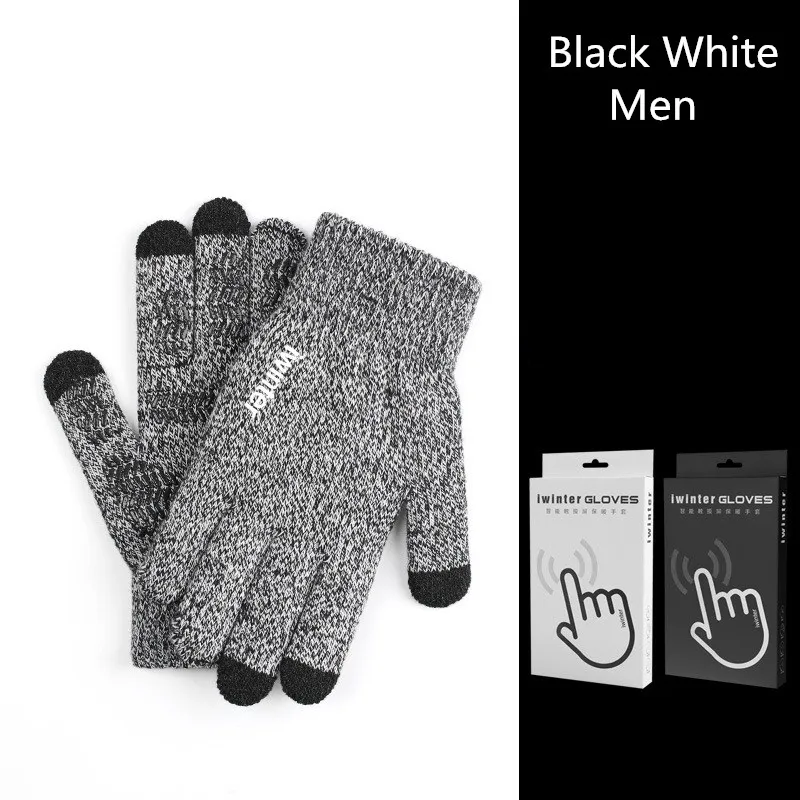 Black White Men Fashion Touch Screen Gloves Men Women Winter Warm Knitting Mittens Anti Slip Thicken Full Finger Guantes - Цвет: Black White Men