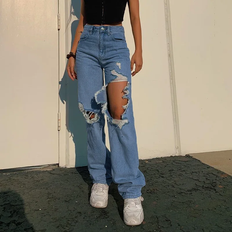 

Women Ripped Straight Jeans Y2k Denim Distressed Streetwear High Waist Blue Vintage Quality 2021 Fashion Harajuku Pants P004