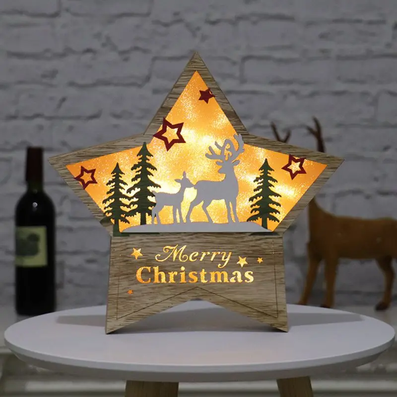 Lighting Christmas Wooden Ornament LED Stars Shape Santa Claus Deer Decor Lamp Xmas Gift