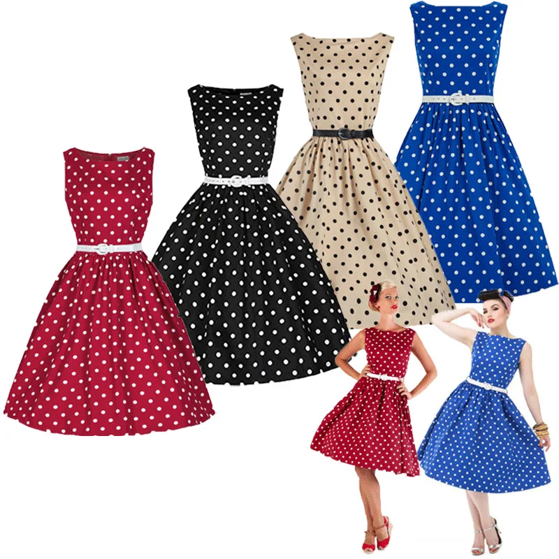 Женское винтажное платье в горошек свободное средней длины без рукавов с круглым