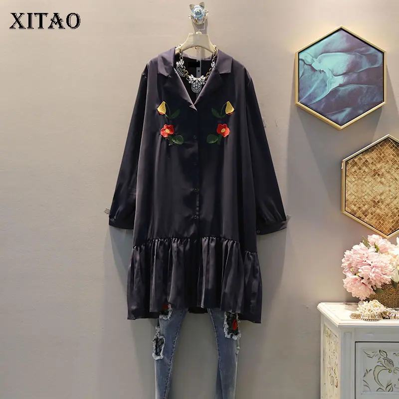 black WQR2019 XITAO/платье с цветочной вышивкой, женское Плиссированное корейское модное осеннее платье-пуловер года, платье с отложным воротником в стиле миноритари WQR2019 - Цвет: black WQR2019
