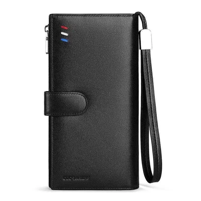 Мужской Длинный кошелек из натуральной кожи черный модный для телефона с