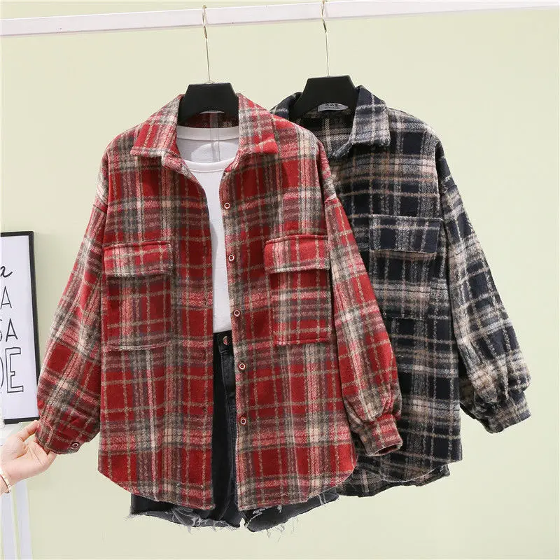 

Single-breasted Women Coats Autumn Winter Warm Blouses Camisa Feminina Long Sleeve Thick Plaid Shirt Woolen Shirts Top X250
